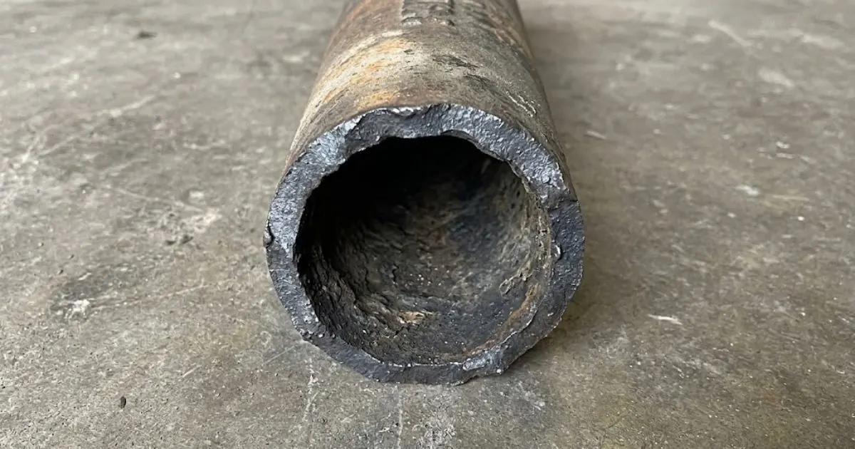 End of a cast iron drain pipe showing the scaled, rough interior