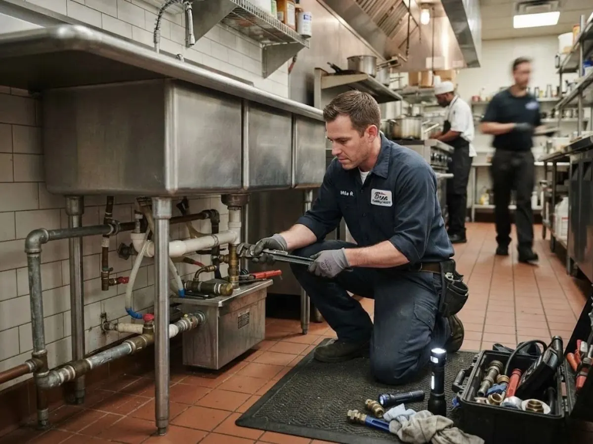 Plumber servicing piping beside a stainless prep sink in a commercial kitchen