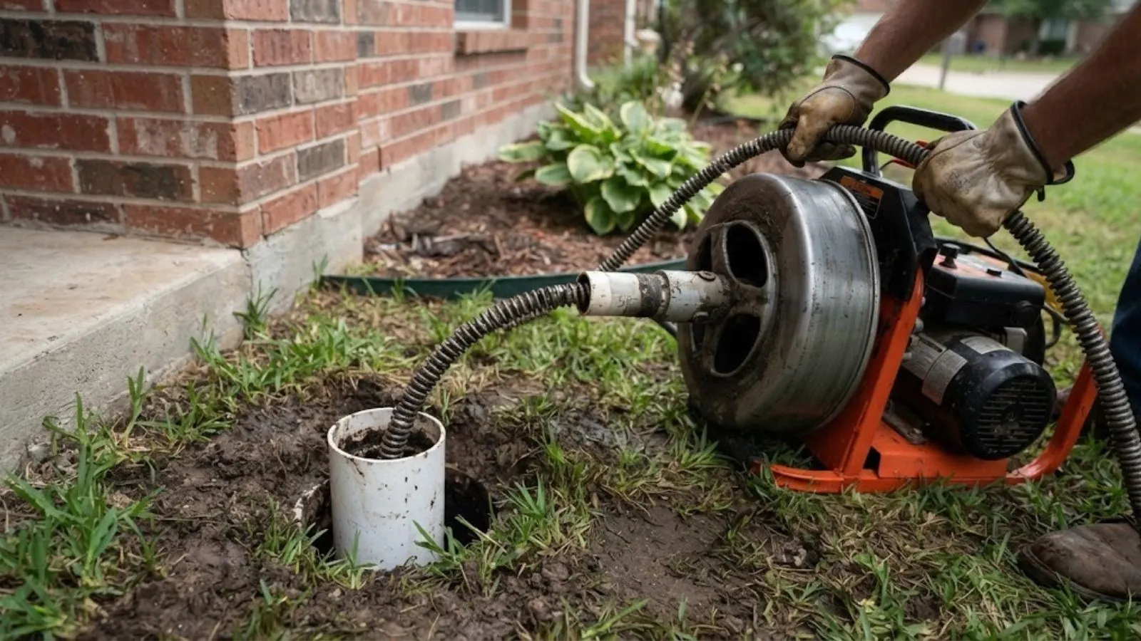 Technician feeding a drain machine cable into an outdoor cleanout beside a brick home
