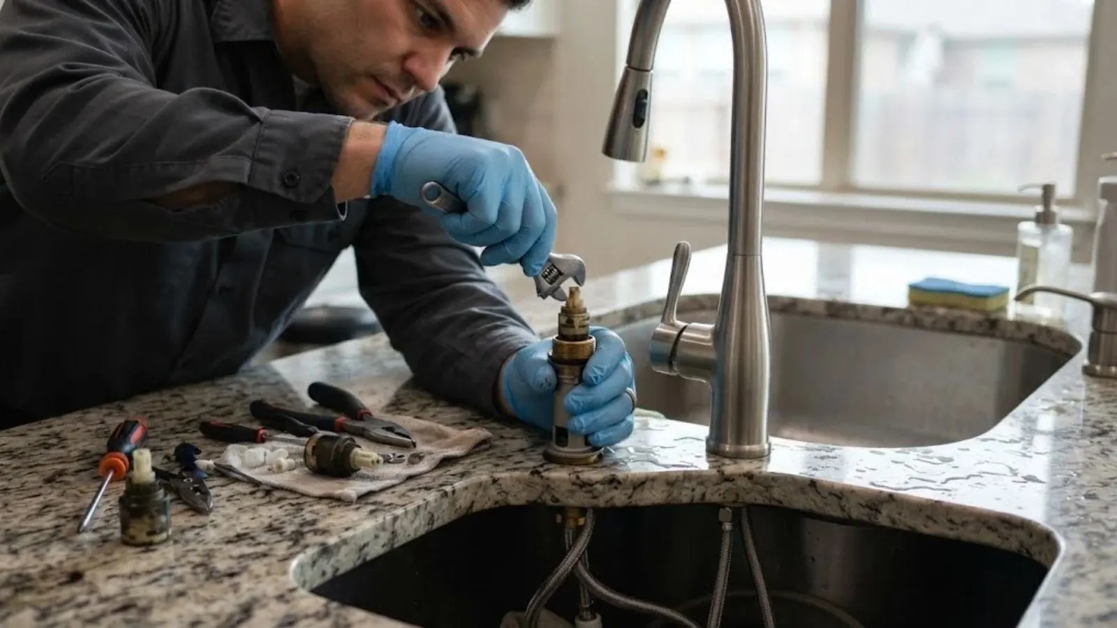 Plumber in blue gloves repairing a kitchen faucet valve at a granite counter