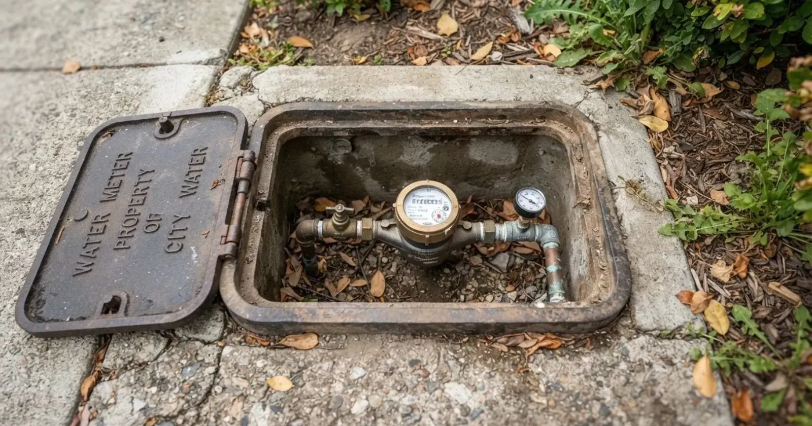 Water meter box with its lid open in a concrete sidewalk
