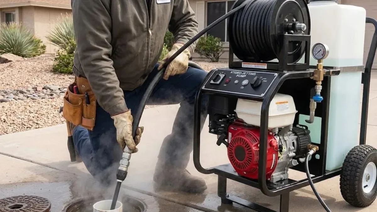Technician running a gas-powered hydro jetter hose into a residential cleanout