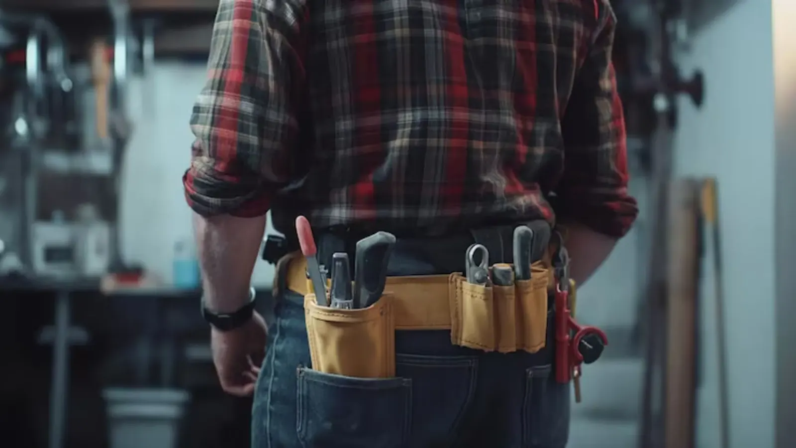Plumber wearing a tool belt, seen from behind
