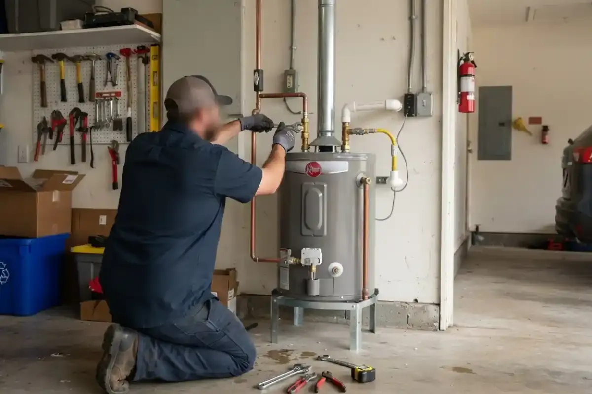 Technician working on a tank water heater in a residential garage
