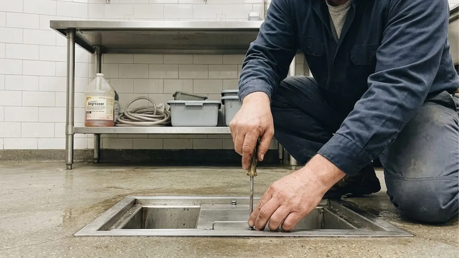 Technician servicing a floor drain in a commercial kitchen