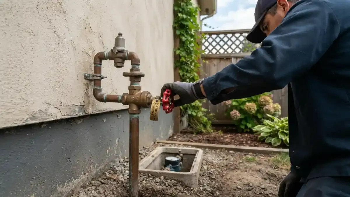 Technician turning the red handle of a main water shutoff valve on a house exterior wall