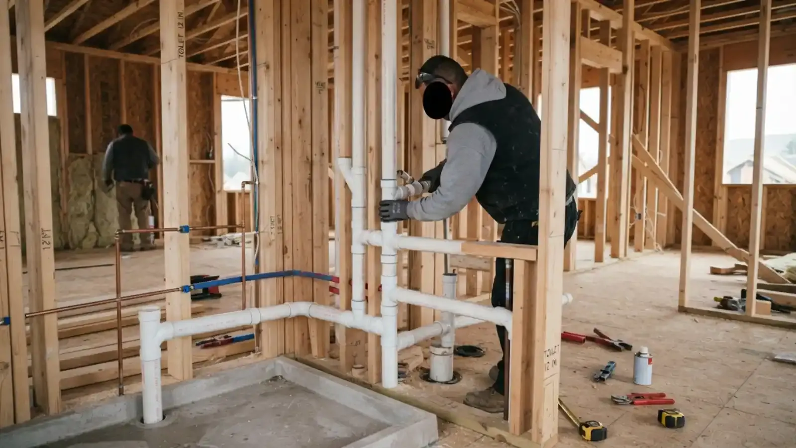 Plumber installing drain and supply piping inside a framed wall