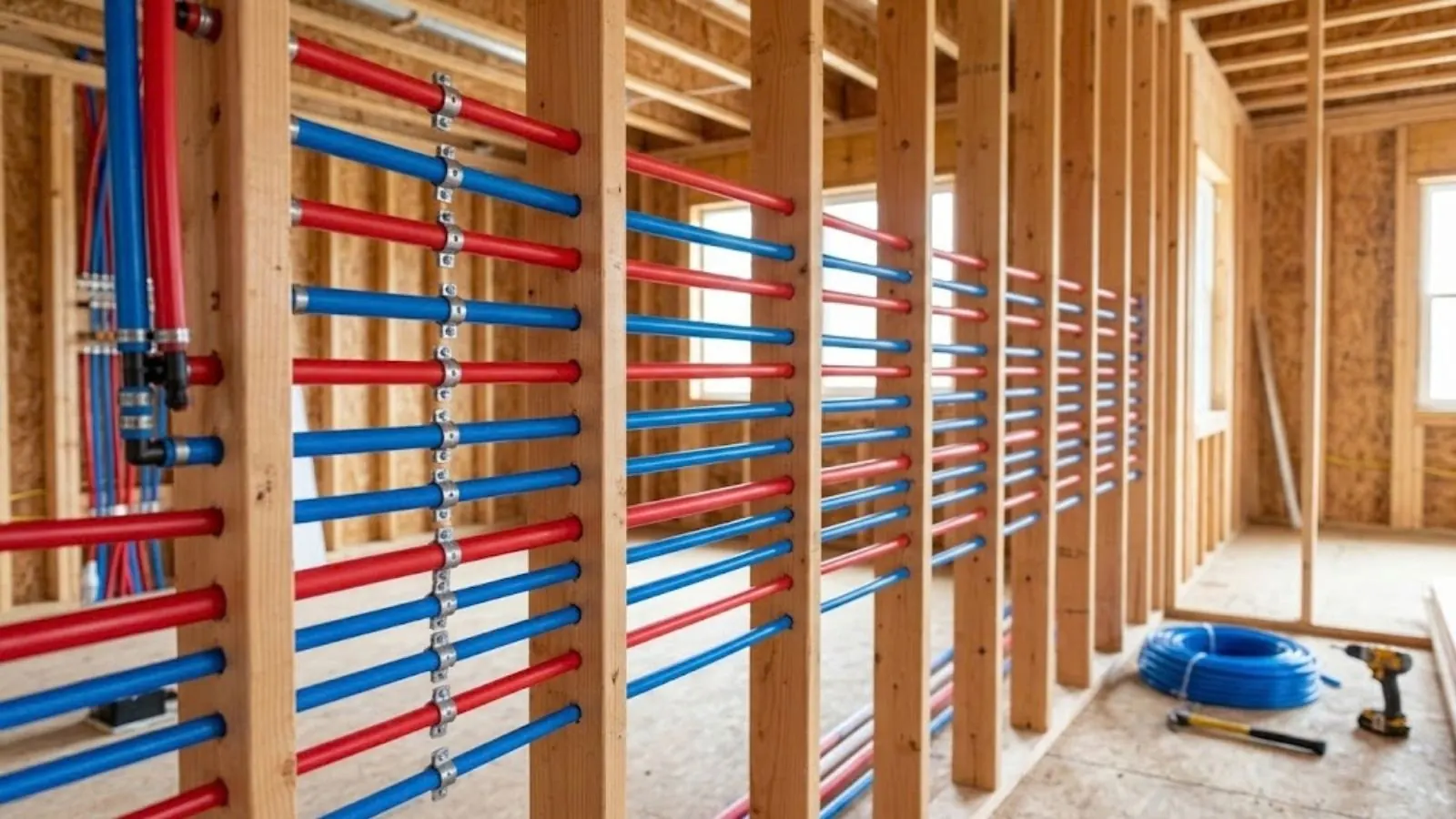 Wall studs fitted with red and blue PEX supply lines during a whole-house repipe