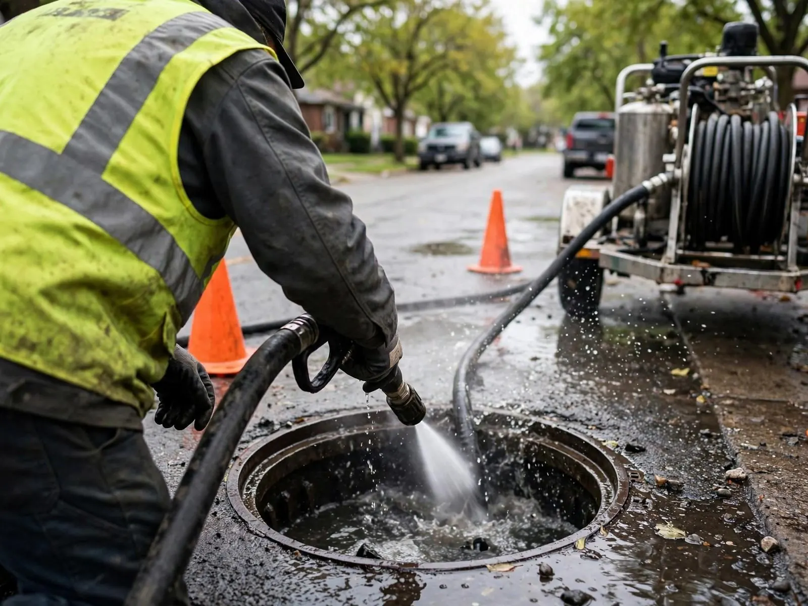 Crew member jetting a street sewer cleanout with a hose reel trailer behind