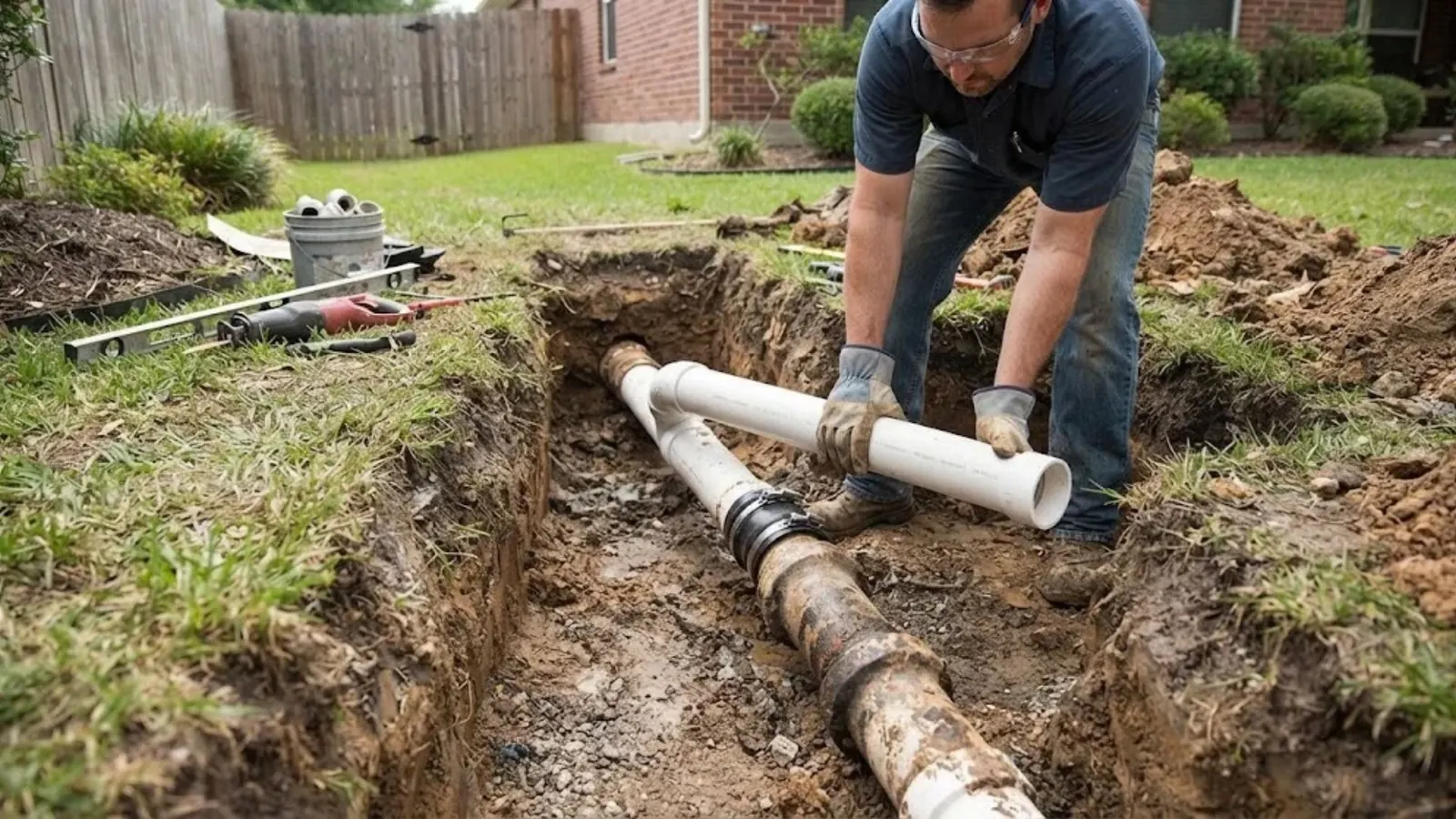 Plumber fitting new PVC sewer pipe into an open yard trench