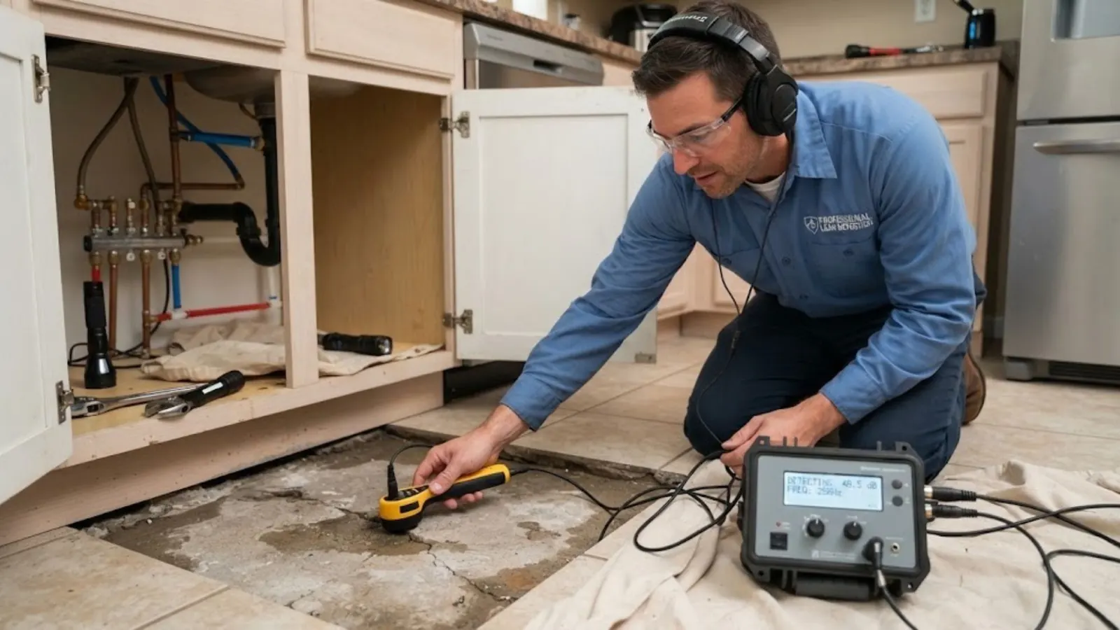 Two technicians using electronic listening equipment on a floor to locate a slab leak