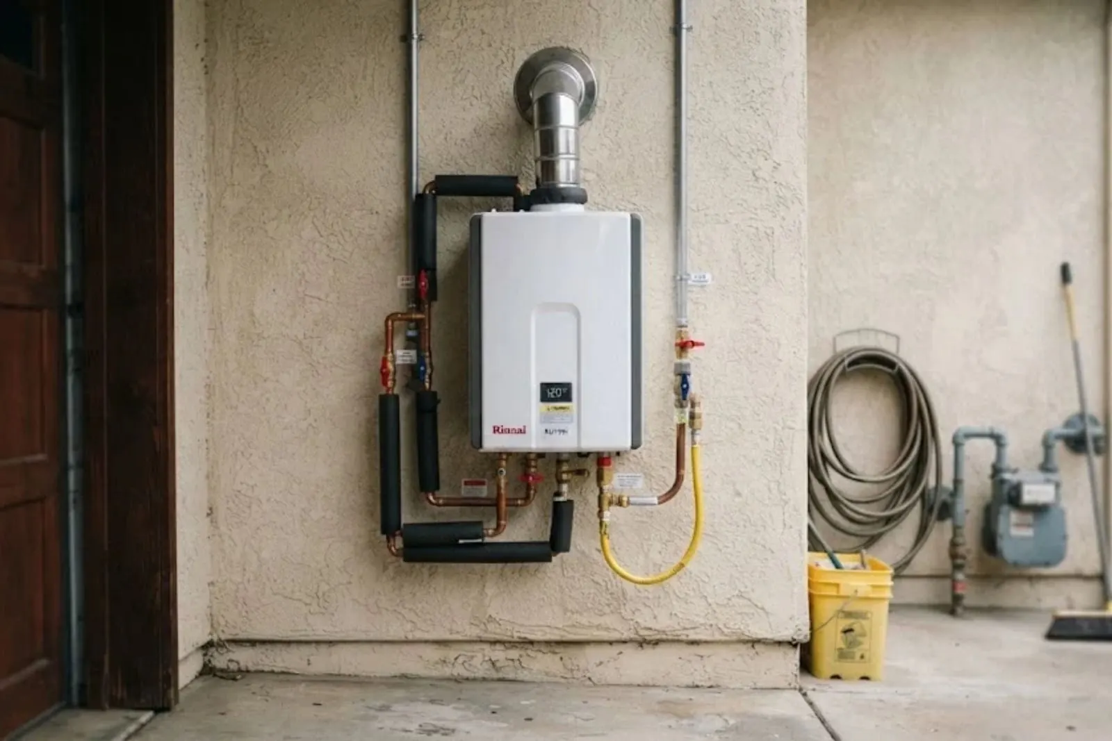 Wall-mounted tankless water heater with copper and yellow gas piping on a stucco wall