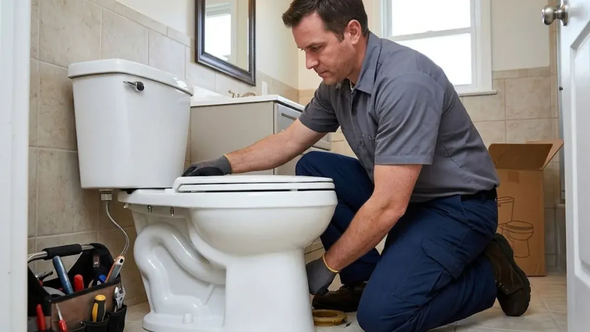 Plumber kneeling beside a toilet to repair its floor connection