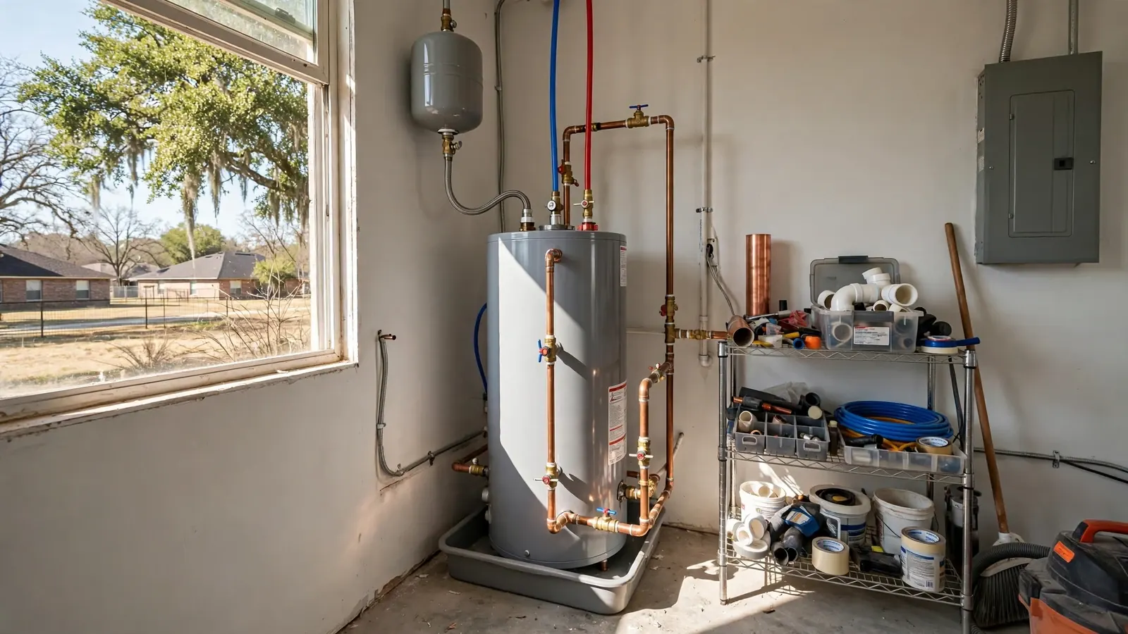 Tank water heater in a garage utility room with copper supply lines and an expansion tank