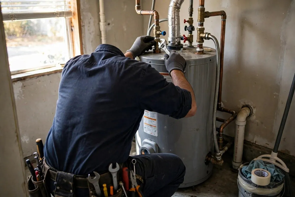 Plumber working on a gas tank water heater in a utility room