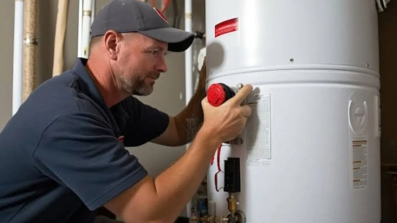 Plumber checking a new tank water heater with a red gas control valve