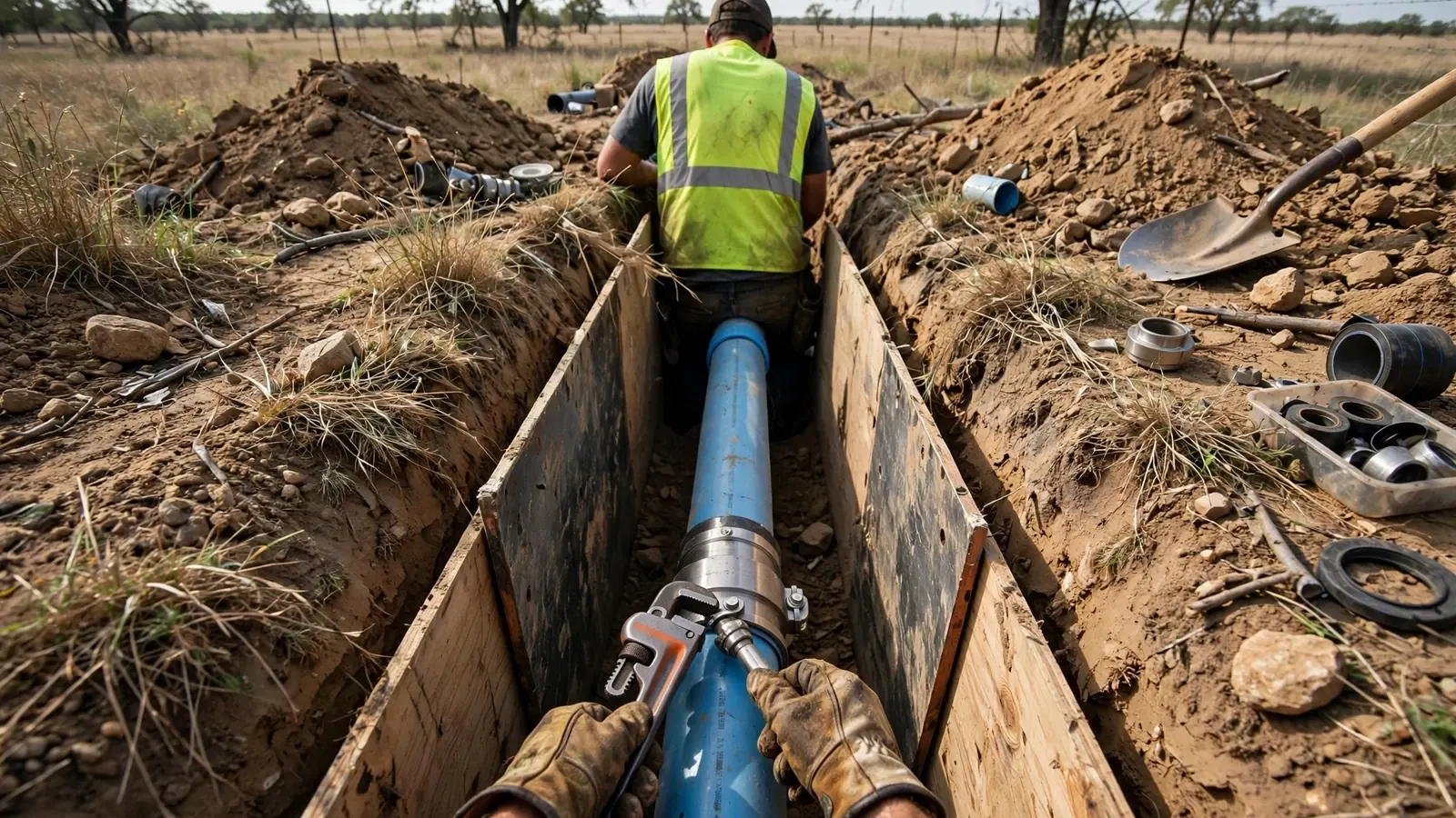 Worker in a safety vest standing in a trench beside a blue water service line